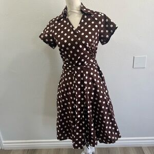 Polka Dot Brown Wrap Midi Dress with Tie Waist